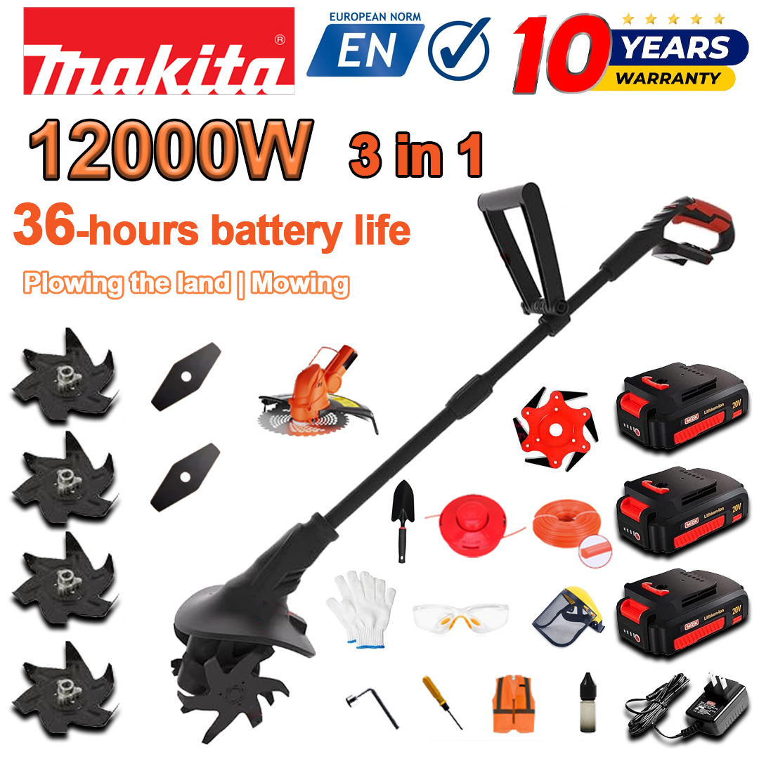 (Duração da bateria 36h1horas) Arado de 12.000 W + bateria de lítio de 96 V * 3 + cabeça de corte * 1 + carregador rápido * 1 + pá * 1 + faca reta * 2 + faca de arado * 4 + lâmina de serra de liga * 1 + faca de corte * 1 + corda de corte * 1 + vários acessórios