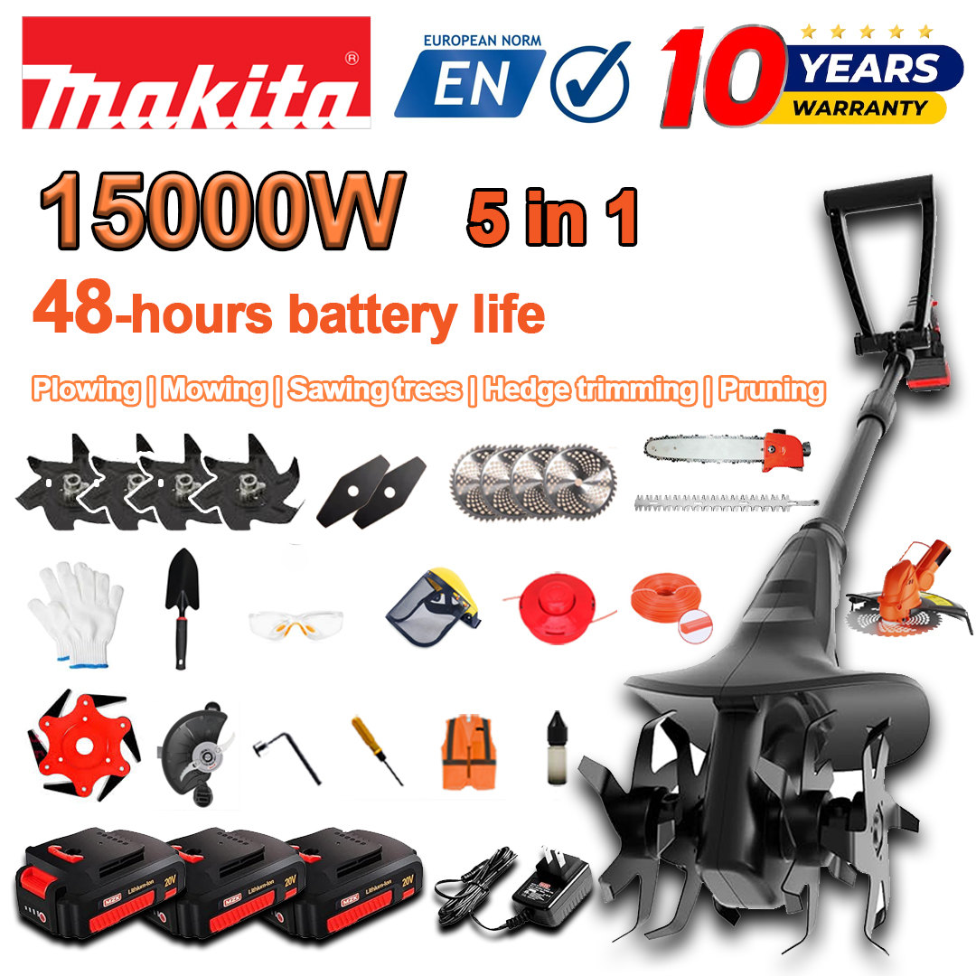 (Duração da bateria 48 horas) Arado de 15000 W + bateria de lítio de 96 V * 3 + cabeça de corte * 1 + serra * 1 + cabeça de aparador de sebes * 1 + carregador rápido * 1 + pá * 1 + faca reta * 2 + faca de arado * 4 + lâmina de serra de liga * 1 + faca de corte * 1 + vários acessórios de corda de corte * 1